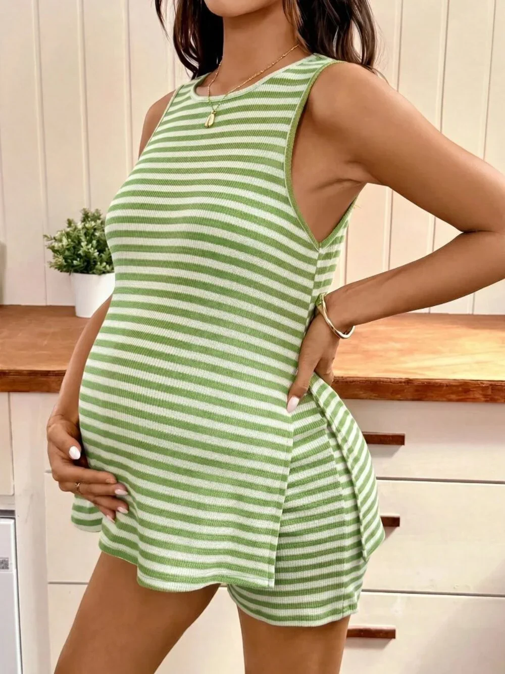 Green Striped maternity Women's Round Neck Tank Top & Adjustable Shorts Set